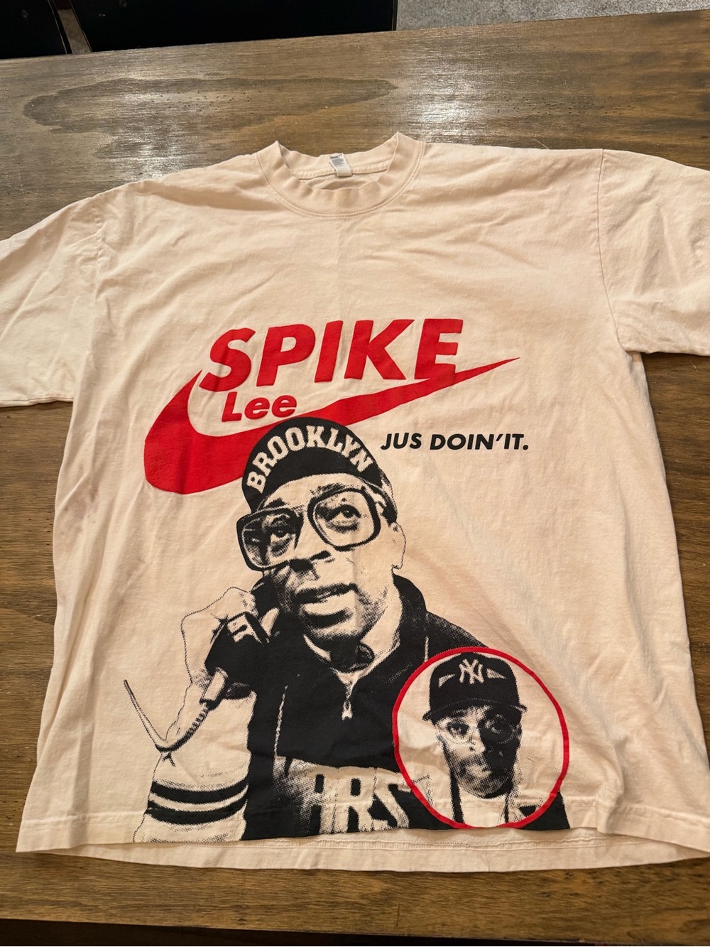 Spike Lee Graphic Crewneck T-Shirt - Cream with Red and Black Print XL